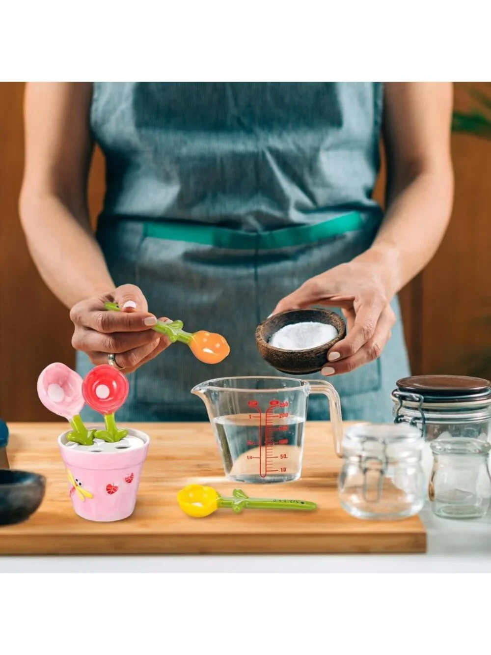 Cute Flower Measuring Spoons Set with Holder - Ceramic Baking Tools for Dry